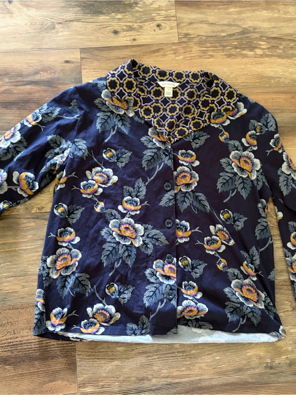Vera Bradley Navy Floral Button-Front Blouse with Contrasting Collar